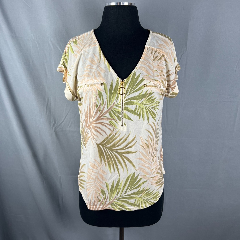 Flower & Feather Blouse Top Womens Medium Off White Tropical Leaf 1/2 Zip V Neck